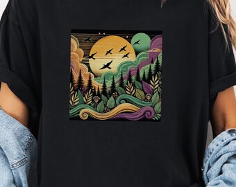 Camiseta vintage con paisaje natural, camiseta retro de montaña y bosque, camiseta unisex de senderismo y aventura, conjunto bohemio para acampar, regalo para amantes de la naturaleza, a la moda.