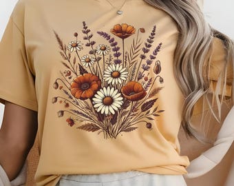 Maglietta con fiori selvatici, maglietta botanica vintage, maglietta floreale boho, maglietta estetica per amanti della natura, maglietta da giardino cottagecore, maglietta floreale retrò, alla moda