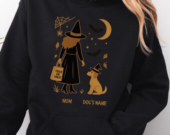 Halloween Mom Pet Hoodie, Personalized Dog Mom Witch Hoodie, Spooky Trick Or Treat Pullover, Custom Pet Name Gift, Fall Spooky Sweatshirt