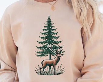 Deer and Pine Tree Sweatshirt,Outdoorsy Crewneck, Nature Aesthetic Sweater, Adventure Gift, Cozy Forest Pullover, Rustic Hoodie,Trendy Shirt