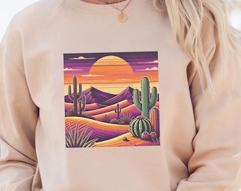 Desert Sunset Cactus Sweatshirt, Southwestern Aesthetic Oversized Crewneck, Vintage Western Boho Pullover,Retro Desert Nature Sweater,Trendy