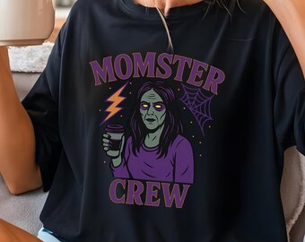 Momster Crew Halloween Shirt for Women, Funny Zombie Mom Coffee T-Shirt, Spooky Season Fall Tee, Trendy Witchy Mom Halloween Gift