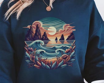 Retro Natur Grafik Sweatshirt, Boho Berg Sonnenuntergang Sweatshirt, Vintage Wander Shirt, Abenteuer Camping Grafik T-Shirt, Wanderlust Outdoor Shirt