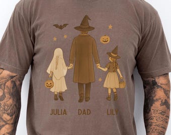 Custom Halloween Dad Shirt With Two Daughters, Matching Trick Or Treat Family Tee, Personalized Father Kids Costume Shirt, Fathers Day Gift