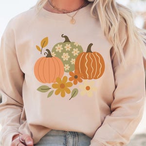 Floral Kürbis Herbst Sweatshirt - Retro Erntedank Erntedank Herbst Rundhals - Süßer gemütlicher Kürbis Pullover für Frauen - Ernte Saison Pullover