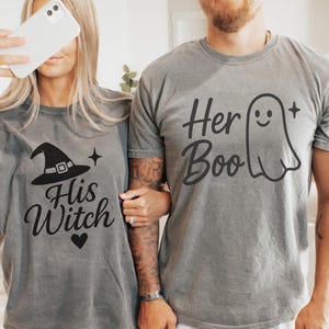 His Witch Her Boo Couple Halloween Shirt Set – Cute Matching Ghost Witch Shirts for Couples – Fall Couple Halloween T-Shirt Gift Idea