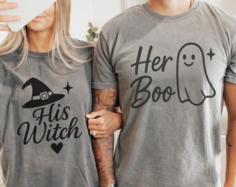 His Witch Her Boo Couple Halloween Shirt Set – Cute Matching Ghost Witch Shirts for Couples – Fall Couple Halloween T-Shirt Gift Idea