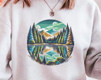 Moletom Nature Adventure - Moletom aconchegante com estampa de lago na montanha, ideal para caminhadas e acampamentos, perfeito para explorar a natureza, com um toque retrô e moderno.
