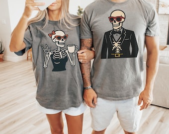Passende Halloween-Skelett Paar-Shirts, Lustige Halloween-Kostüm-Outfit für Sie und Ihn, gruselige Schädel-T-Shirts für Paare, Trend Paar Kostüm