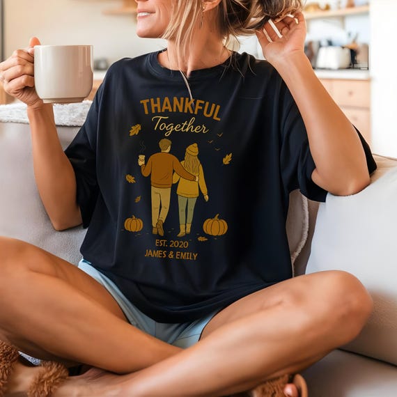Thankful Together Personalized Couple Fall Shirt,Custom Names&Year, Matching Thanksgiving T-Shirt Gift for Husband Wife Boyfriend Girlfriend