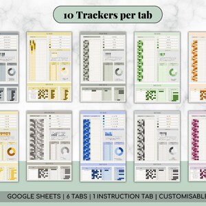 K&ouml;nnte beinhalten: Eine digitale Planervorlage mit 10 Trackern pro Registerkarte in verschiedenen Farben. Die Vorlage enth&auml;lt Diagramme und Grafiken zur Datenvisualisierung. Der Text auf dem Bild lautet: "GOOGLE SHEETS | 6 TABS | 1 INSTRUCTION TAB | CUSTOMISABLE."