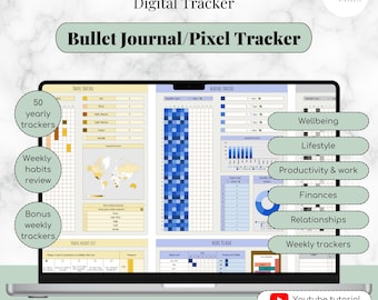 Digital pixelplanerare Google Sheets, år i pixlar, digital bullet journal, digital BUJO-spårare, daglig vanespårare, pixelspårare