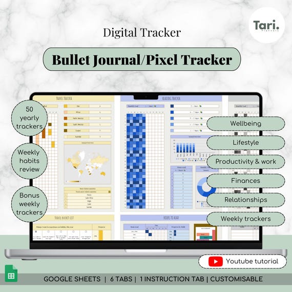 Digital Pixel Planner Google sheets, Year in Pixels, Digital Bullet Journal, Digital BUJO Tracker, Daily Habit Tracker, Pixel Trackers