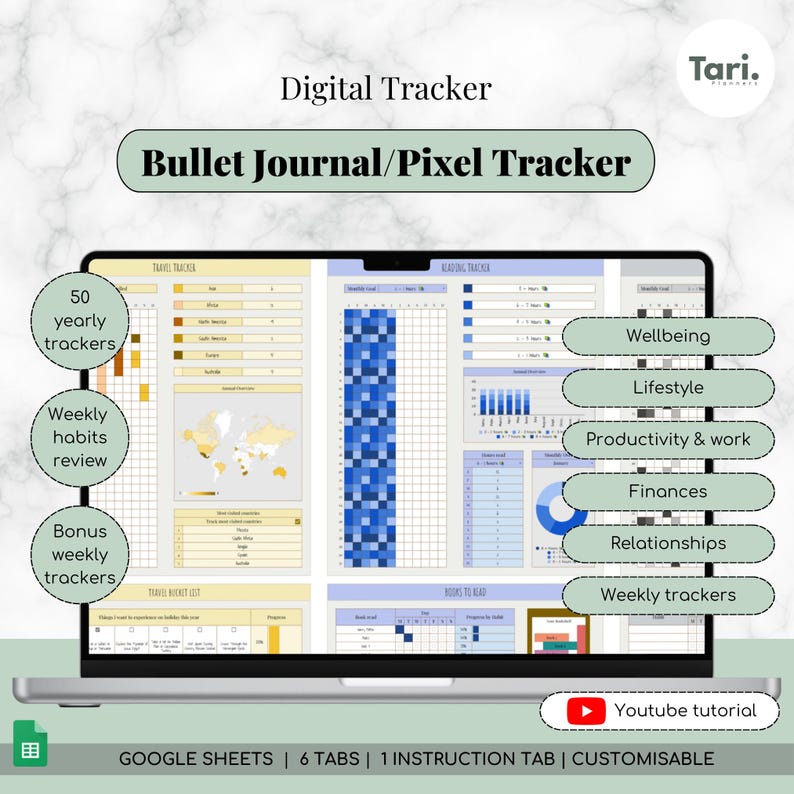 K&ouml;nnte beinhalten: Ein Laptop-Bildschirm zeigt einen digitalen Tracker namens "Bullet Journal/Pixel Tracker". Er enth&auml;lt Abschnitte f&uuml;r Jahres- und Wochen-Tracking, die Wohlbefinden, Lebensstil und Finanzen abdecken. Der Text "GOOGLE SHEETS | 6 TABS | 1 INSTRUCTION TAB | CUSTOMISABLE" ist sichtbar.
