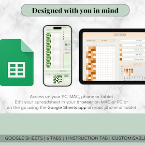 K&ouml;nnte beinhalten: Digitales Tabellenkalkulationsdesign, das auf einem Tablet, Smartphone und Google Sheets-Symbol angezeigt wird. Das Tablet zeigt einen Stress-Tracker mit orangefarbenen und wei&szlig;en Bl&ouml;cken. Das Telefon zeigt eine gr&uuml;ne und wei&szlig;e Tabelle. Der Text lautet "Entworfen f&uuml;r Sie."