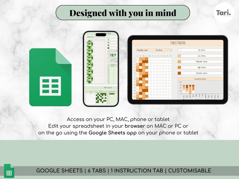 K&ouml;nnte beinhalten: Digitales Tabellenkalkulationsdesign, das auf einem Tablet, Smartphone und Google Sheets-Symbol angezeigt wird. Das Tablet zeigt einen Stress-Tracker mit orangefarbenen und wei&szlig;en Bl&ouml;cken. Das Telefon zeigt eine gr&uuml;ne und wei&szlig;e Tabelle. Der Text lautet "Entworfen f&uuml;r Sie."