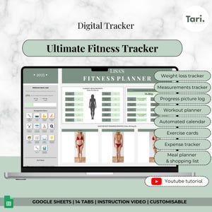 Könnte beinhalten: Ein Laptop-Bildschirm zeigt eine Google Sheets-Tabelle mit dem Titel "LISA'S FITNESS PLANNER". Die Tabelle enthält Abschnitte zur Verfolgung von Gewichtsverlust, Messungen, Fortschrittsfotos, Workouts und Ausgaben. Die Tabelle soll Benutzern helfen, ihren Fitnessfortschritt zu verfolgen.