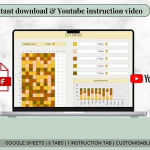K&ouml;nnte beinhalten: Ein Laptop-Bildschirm zeigt eine Schlaf-Tracker-Vorlage mit monatlichen und j&auml;hrlichen &Uuml;bersichten. Die Vorlage enth&auml;lt ein farbcodiertes Raster, ein PDF-Symbol und ein YouTube-Logo. Der Text oben lautet "Instant download & Youtube instruction video". Der Text unten lautet "GOOGLE SHEETS | 6 TABS | 1 INSTRUCTION TAB | CUSTOMISABLE".