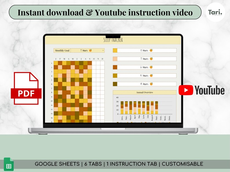 K&ouml;nnte beinhalten: Ein Laptop-Bildschirm zeigt eine Schlaf-Tracker-Vorlage mit monatlichen und j&auml;hrlichen &Uuml;bersichten. Die Vorlage enth&auml;lt ein farbcodiertes Raster, ein PDF-Symbol und ein YouTube-Logo. Der Text oben lautet "Instant download & Youtube instruction video". Der Text unten lautet "GOOGLE SHEETS | 6 TABS | 1 INSTRUCTION TAB | CUSTOMISABLE".