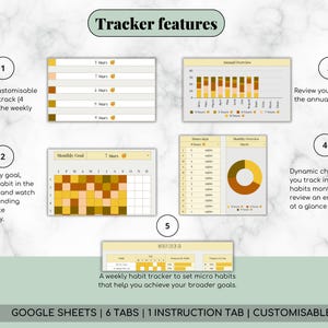 K&ouml;nnte beinhalten: Ein digitaler Gewohnheitstracker mit Marmorhintergrund. Der Tracker bietet Wochen- und Monatsansichten, Jahres&uuml;bersichten und dynamische Diagramme. Der Text lautet &bdquo;Tracker-Funktionen&ldquo; und &bdquo;GOOGLE SHEETS | 6 TABS | 1 ANWEISUNGSTAB | ANPASSBAR&ldquo;.