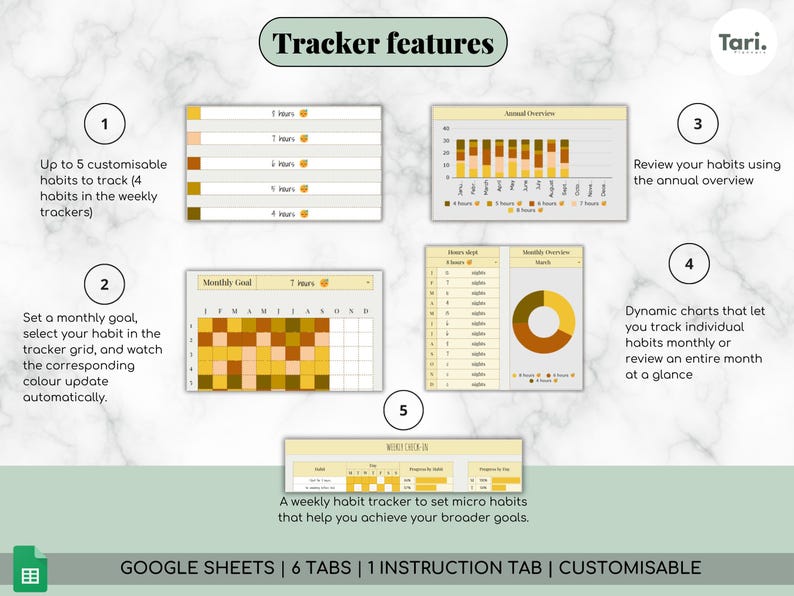 K&ouml;nnte beinhalten: Ein digitaler Gewohnheitstracker mit Marmorhintergrund. Der Tracker bietet Wochen- und Monatsansichten, Jahres&uuml;bersichten und dynamische Diagramme. Der Text lautet &bdquo;Tracker-Funktionen&ldquo; und &bdquo;GOOGLE SHEETS | 6 TABS | 1 ANWEISUNGSTAB | ANPASSBAR&ldquo;.