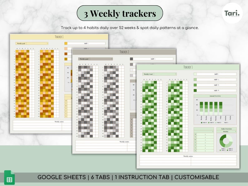 K&ouml;nnte beinhalten: Drei w&ouml;chentliche Habit-Tracker in Gelb-, Grau- und Gr&uuml;nt&ouml;nen. Jeder Tracker hat ein Raster zur t&auml;glichen Gewohnheitsverfolgung &uuml;ber 52 Wochen. Das Design enth&auml;lt den Text "3 Weekly trackers" und "GOOGLE SHEETS | 6 TABS | 1 INSTRUCTION TAB | CUSTOMISABLE".