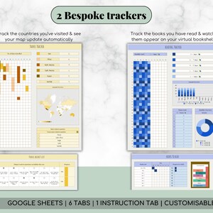 K&ouml;nnte beinhalten: Zwei ma&szlig;geschneiderte Tracker werden angezeigt, einer f&uuml;r Reisen und einer f&uuml;r das Lesen. Der Reise-Tracker enth&auml;lt eine Weltkarte und eine Liste von L&auml;ndern. Der Lese-Tracker verf&uuml;gt &uuml;ber ein virtuelles B&uuml;cherregal und Diagramme. Der Text "GOOGLE SHEETS | 6 TABS | 1 INSTRUCTION TAB | CUSTOMISABLE" ist ebenfalls enthalten.