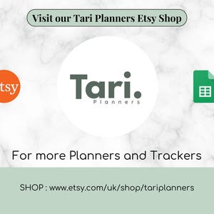 K&ouml;nnte beinhalten: Werbung f&uuml;r einen Etsy-Shop mit dem Etsy-Logo, einem gr&uuml;nen Tabellenkalkulationssymbol und dem Text "Tari. Planners". Das Bild enth&auml;lt den Text "Besuchen Sie unseren Tari Planners Etsy Shop" und "F&uuml;r weitere Planer und Tracker."