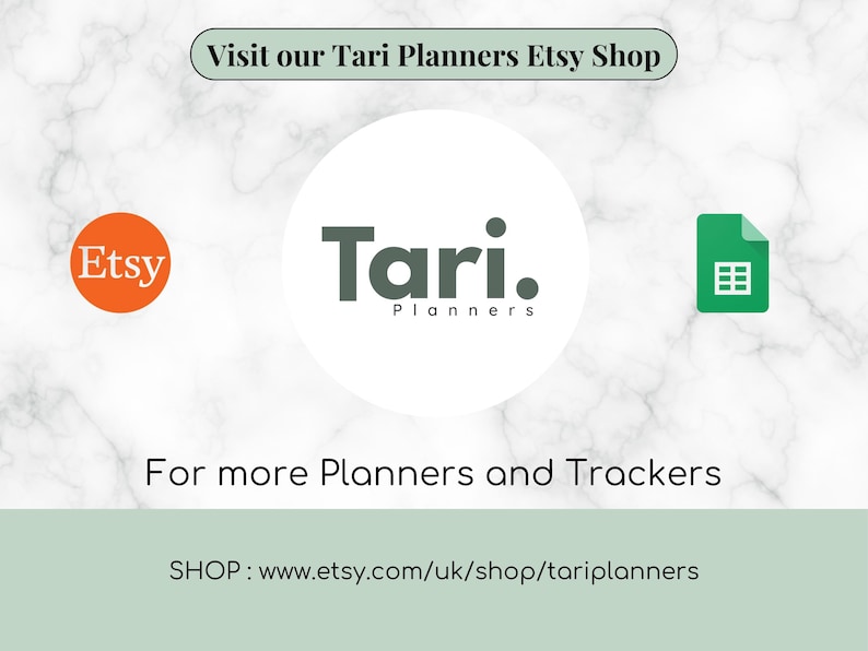 K&ouml;nnte beinhalten: Werbung f&uuml;r einen Etsy-Shop mit dem Etsy-Logo, einem gr&uuml;nen Tabellenkalkulationssymbol und dem Text "Tari. Planners". Das Bild enth&auml;lt den Text "Besuchen Sie unseren Tari Planners Etsy Shop" und "F&uuml;r weitere Planer und Tracker."