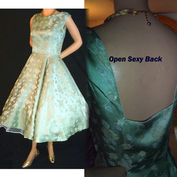 Vintage Dress 1950s Jadeite Seafoam green Ivory and white Roses Prom Wedding Clean and Ready