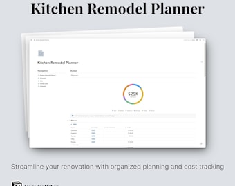Puede incluir: Una captura de pantalla de una plantilla de Notion para la planificación de la remodelación de una cocina. La plantilla incluye un rastreador de presupuesto, una barra de progreso y una lista de tareas. El rastreador de presupuesto muestra un presupuesto total de 29.000 €.