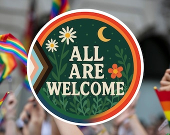 誰でも歓迎のプライドステッカー：花柄LGBTQ+ビニールデカール