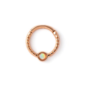 Rose gold septum clicker ring with Opal, surgical steel piercing ring 1.2mm (16g) hinged segment ring for tragus, helix, cartilage, daith
