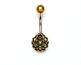Lotus Flower Belly Button Ring, 316L surgical steel belly bar, navel ring 1.6mm=14g boho belly button piercing jewelry