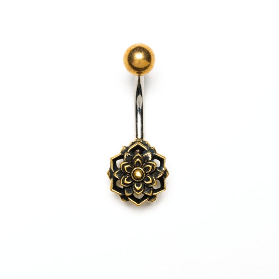 316L Surgical Steel Belly Ring Bar with Brass Lotus Flower 316L Surgical Steel Belly Ring Bar with Brass Lotus Flower