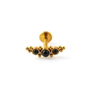 Deva golden labret with black Onyx, 16g surgical steel internally threaded flat back cartilage earring with gemstone, conch, helix earring