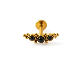 Deva golden labret with black Onyx, 16g surgical steel internally threaded flat back cartilage earring with gemstone, conch, helix earring