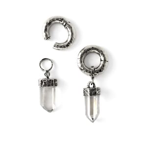 Silver ear weight hoops with Crystal Quartz, gauge earrings for stretched ears, dangle clicker hoop ear hangers, PRICE PER SINGLE