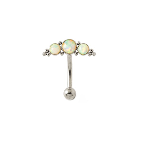 Deva I floating navel piercing bar with Opal, surgical steel belly bar piercing ring 1.6mm/14g, crescent boho belly button piercing with gem