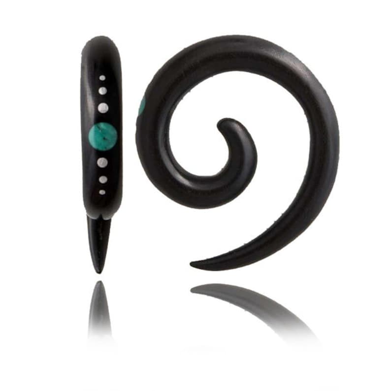 Tribal Gauges Spiral Wood and Turquoise Ear Stretcher,Stretching Earlobe,Gauge Earring,Gauge Ear Stretcher,Stretcher Earring,Organic Gauges
