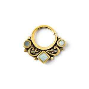 Septum ring with Mother of Pearl, boho tribal piercing ring 18g, golden nose ring hoop, helix, tragus, rook, Unique handmade septum jewelry