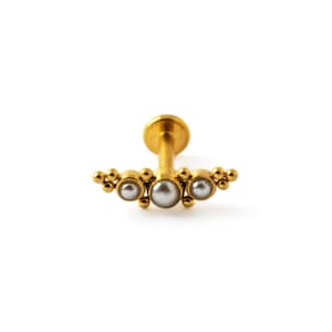 Deva golden labret with black pearls, 16g surgical steel internally threaded flat back cartilage earring with gemstone, conch, helix earring