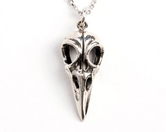 Sterling silver raven skull charm pendant necklace comes on a silver chain, unisex gothic edgy skull necklace