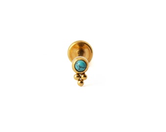 Siti Golden Labret with Turquoise, Black Onyx, Opal, surgical steel internally threaded flat back piercing, screw back earring