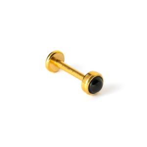 Golden Labret with black Onyx, 16g surgical steel internally threaded screw on earring, tragus, helix, cartilage, medusa flat back earring