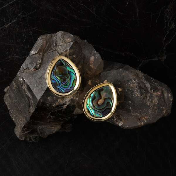 Golden teardrop ear plugs with Abalone, plug earrings for stretched ears 12mm/0.5g-25mm/1” plugs and tunnels, gauge Jewelry