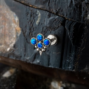 Brenna spiky labret stud with Blue Opal 1.2mm/16g surgical steel internally threaded screw on earring, cartilage, conch flat back earring