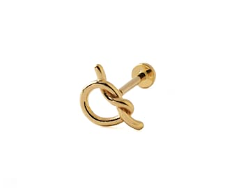 14k Gold Knot Labret, internally threaded screw on earring 1.2mm/16g, 8mm, flat back earring for helix, conch, cartilage, tragus piercing