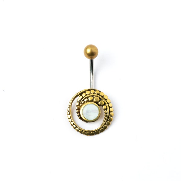 Golden spiral Mother of Pearl belly bar, 316L surgical steel belly button ring 1.6mm (14g), boho tribal body piercing jewelery