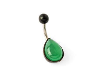 Wood & Green Aventurine teardrop belly button ring, natural 14g surgical steel belly bar with gem, naval jewelry, body piercing jewelry